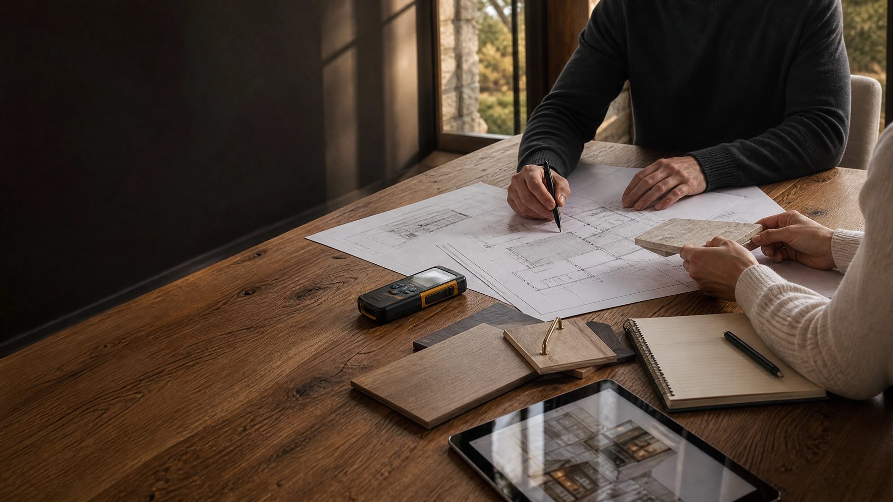 Consultation reference with plans, finish samples, moisture meter, and notebook