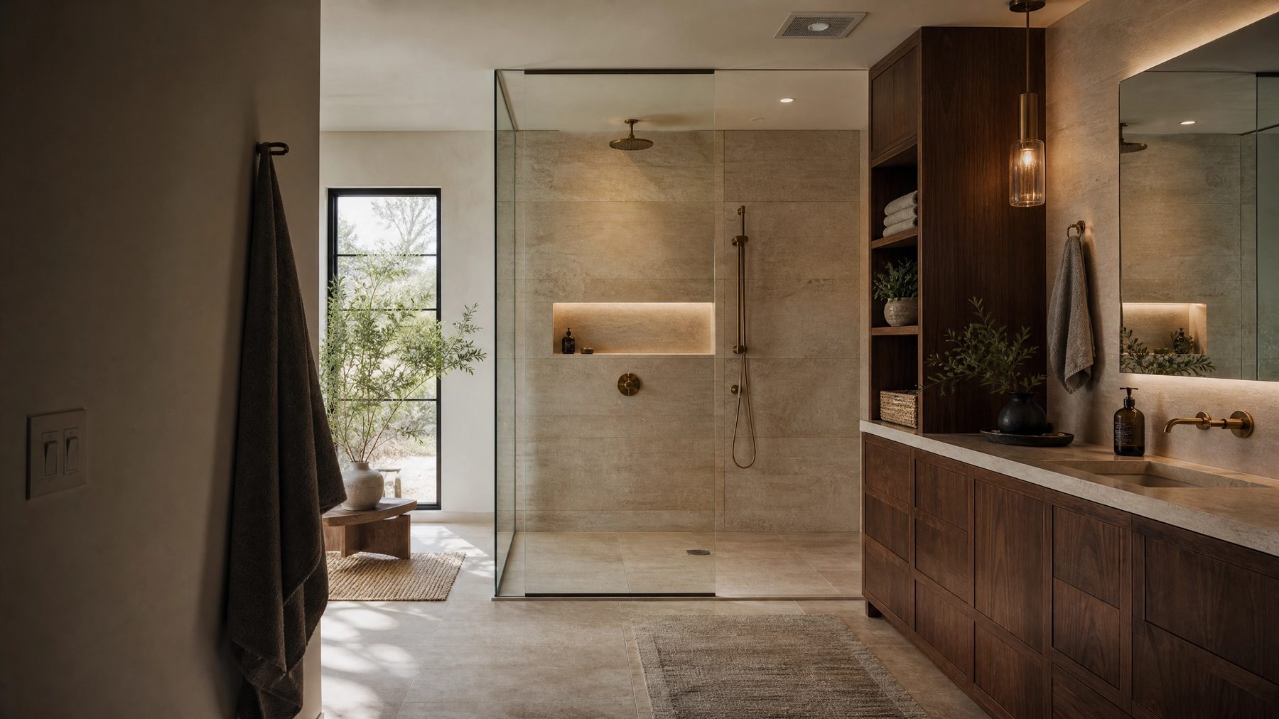 Bathroom remodeling reference with walk-in shower and walnut vanity