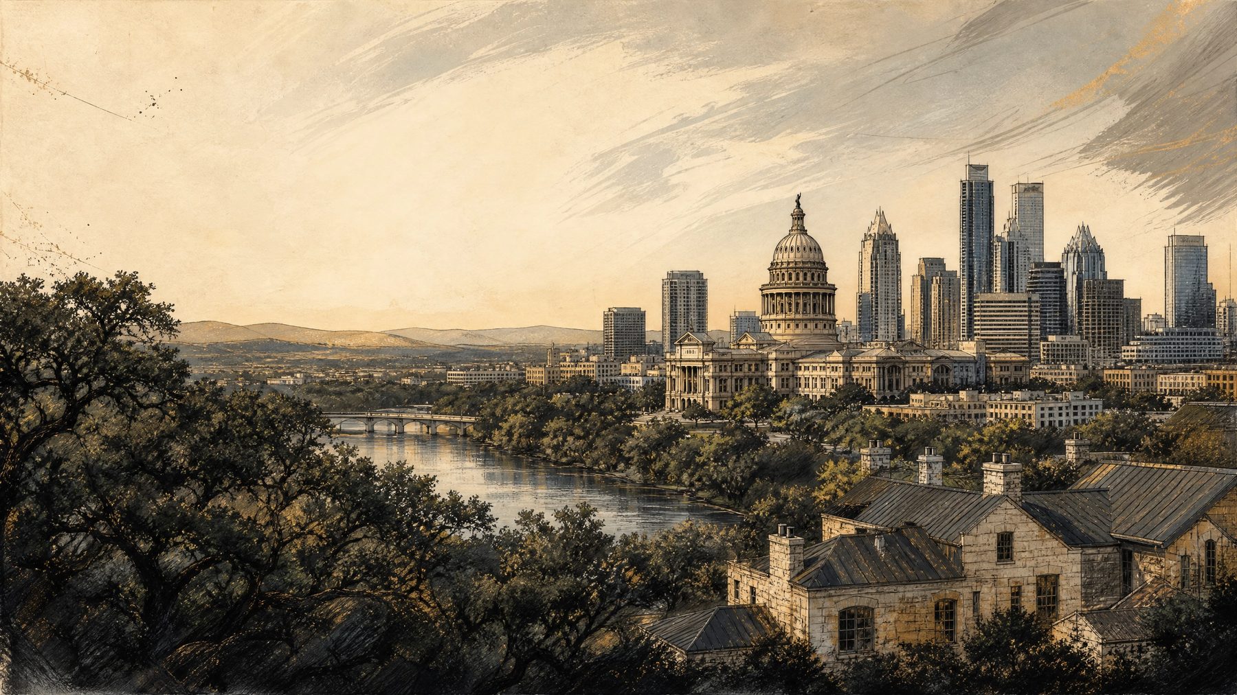 Illustrated Austin skyline and Texas State Capitol above the Colorado River and live-oak neighborhoods