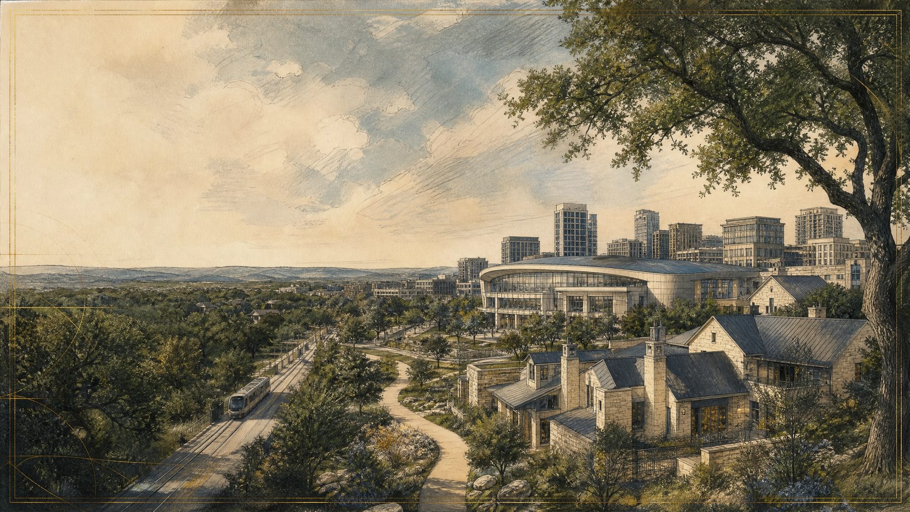 Illustrated Cedar Park community scene with established neighborhoods, trees, and civic architecture