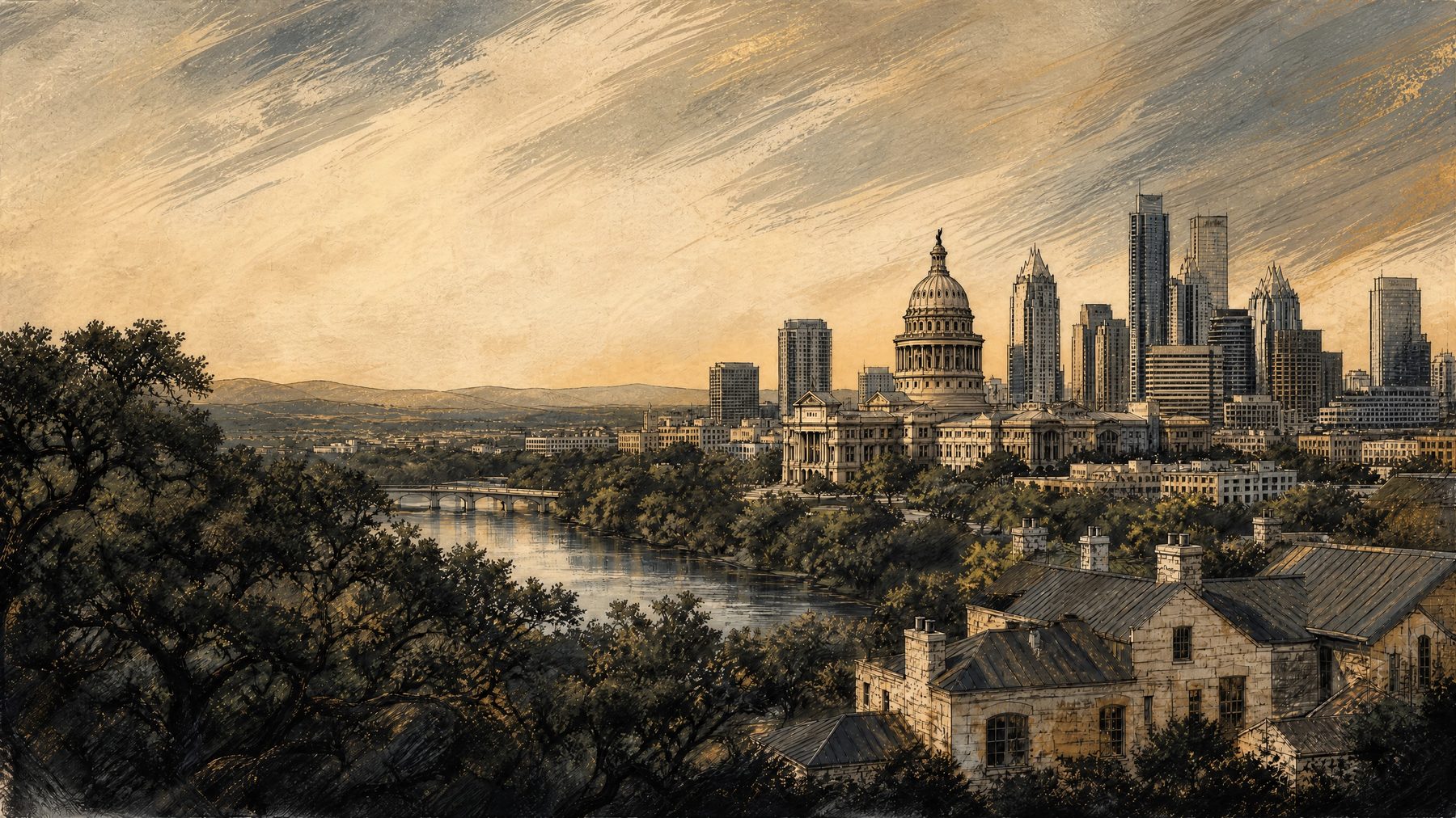 Illustrated Williamson County Courthouse and historic Georgetown square
