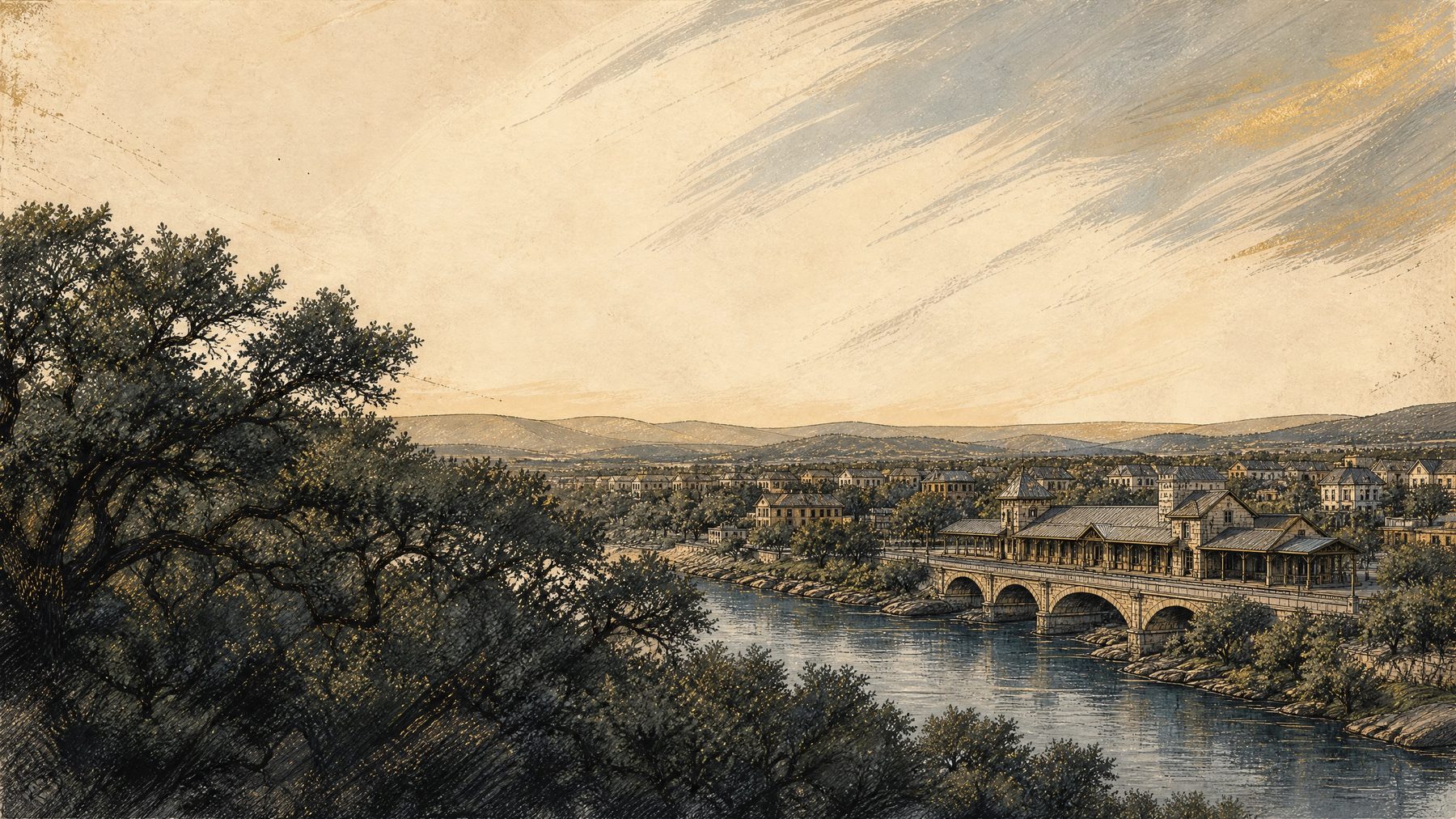 Illustrated Leander bridge over Brushy Creek with rail and Hill Country neighborhood details