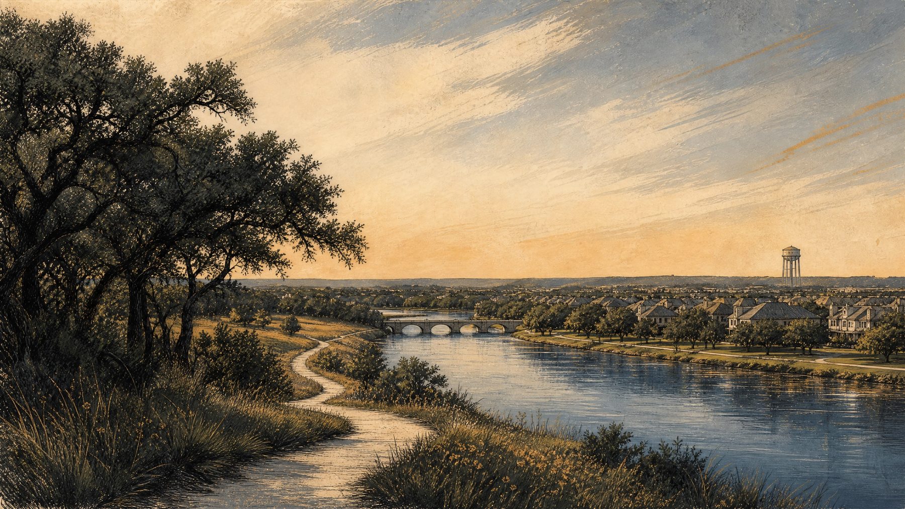 Illustrated Lake Pflugerville with trail, prairie grasses, neighborhoods, and water tower